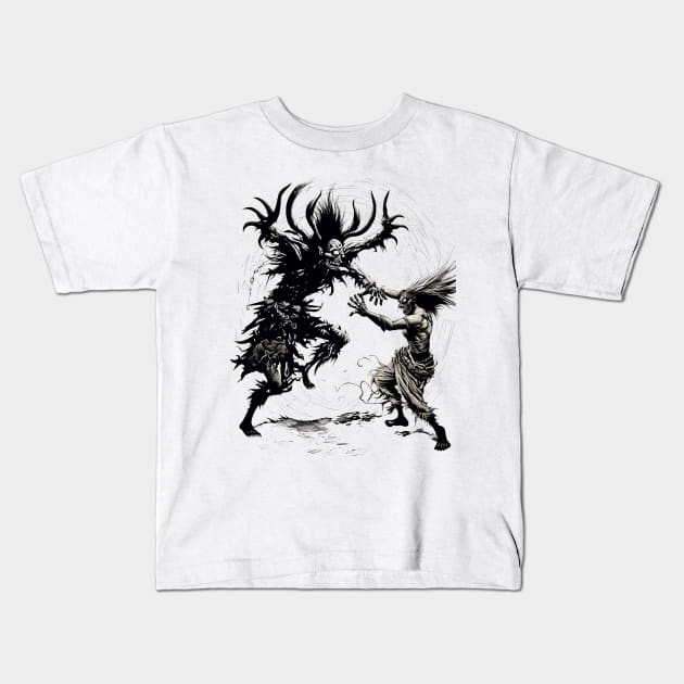 Shaman Dances with the Demon Dance of Fire and Power Kids T-Shirt by FrogandFog